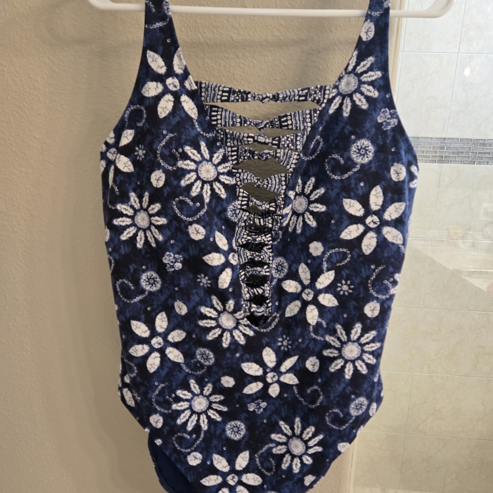 Blue and White Floral One Piece Swimsuit